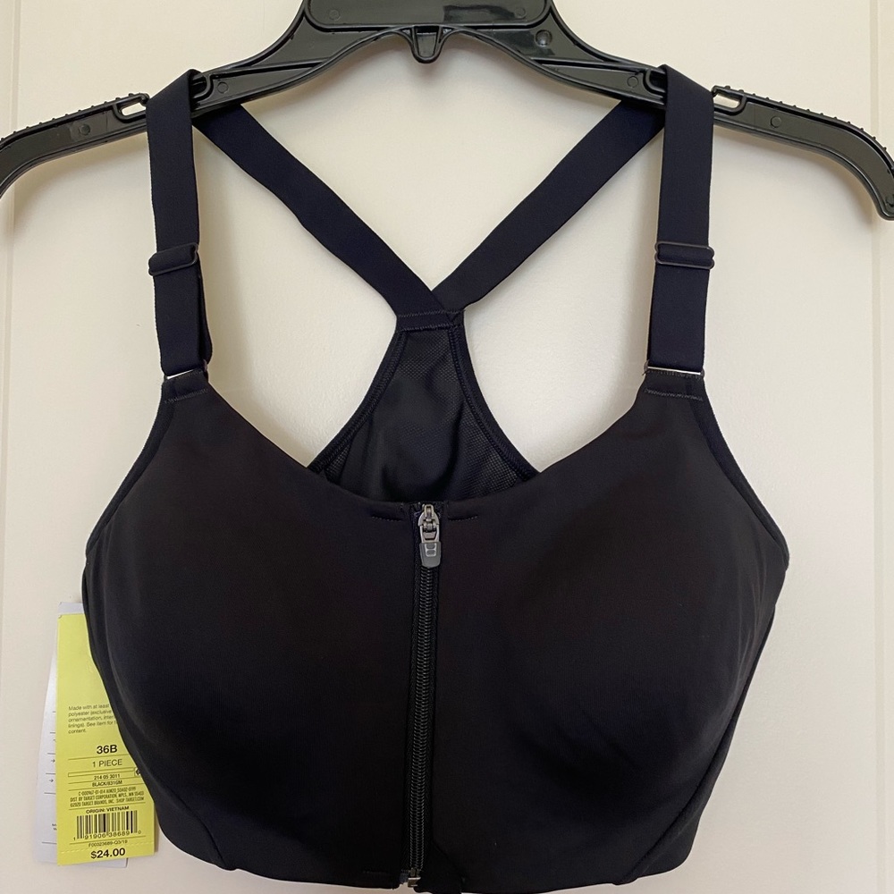 Ideology High Impact Sports Bra Zip Front Black Padded Racerback Bra Size M